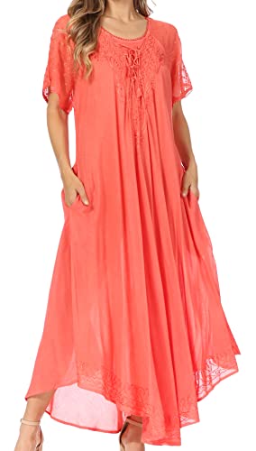 Image of Sakkas Egan Long Embroidered Caftan Dress /Cover Up with Embroidered Cap Sleeves