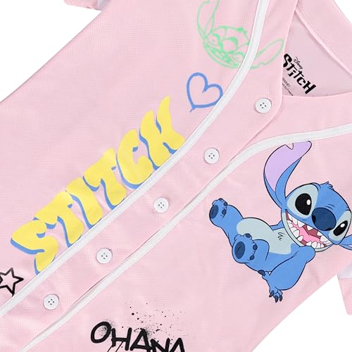 Image of Disney Lilo & Stitch Girls Baseball Jersey Shirt Button Down Kids Tee Stitch Angel Sizes 4-16