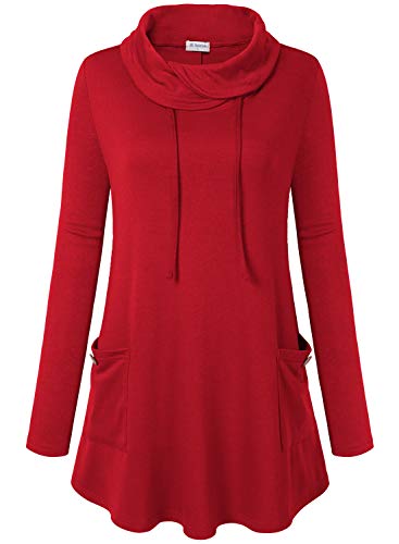 Bulotus Fall Sweaters for Women 2025 Cowl Neck Asymmetrical Long Tunics for Leggings Vacation Travel Tops with Pockets
