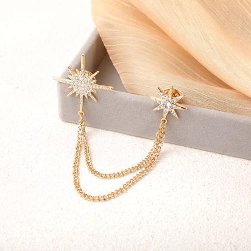 Image of Silver Rhinestone Star Brooch for Women, Crystal Snowflake Brooch Lapel Pins Fashion Broach Pin Dress Suit Accessories with Tassel Chain Clothing Clip Broach for Women Men