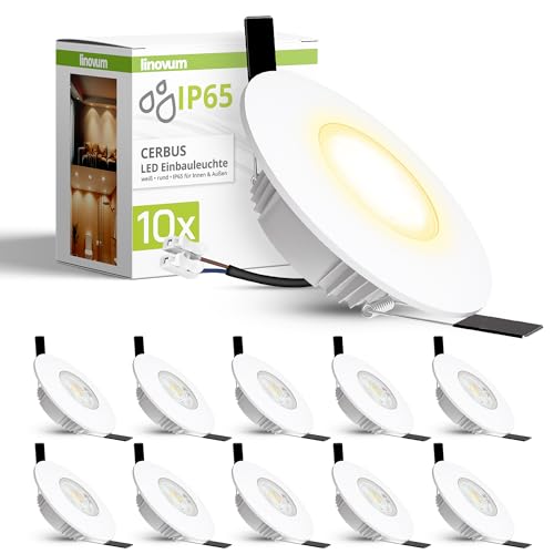 linovum 10x CERBUS Einbaulampe Decken Outdoor extra flach für Badezimmer IP65 warmweiß - IP65 Downlight Außen Einbau Deckenspot