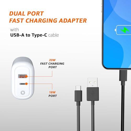Image of Amazon Basics 38W Dual Port Charger + Active Type A to Type C Cable | Fast Charging 20W+ 18W /Type A +C Adapter (White) with Fast Charging Cable Included | Compatible with Samsung, Oppo, Redmi Phones