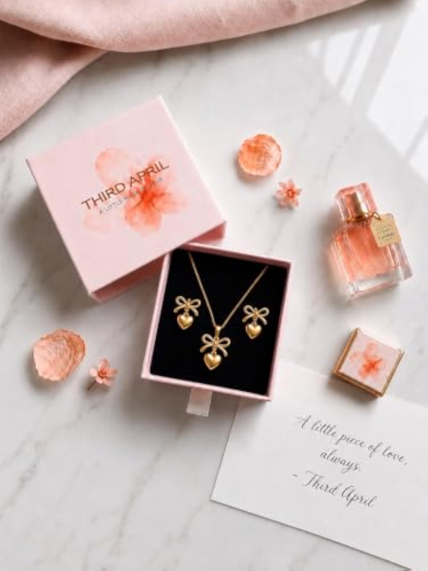 Gold Plated Bow and Heart Necklace and Earrings Set