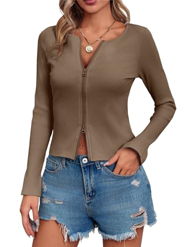 Image of Fisoew Womens Long Sleeve Tops Ribbed Crop Top Double Zip Up Cardigans V Neck Sweater Shirts Fall and Winter 2024