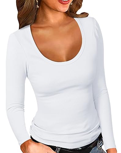 PALINDA Women's Ribbed Scoop Neck Slim Fitted T Shirts Basic Solid Long Sleeve Layering Tee Tops