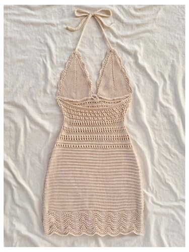 GORGLITTER Women's Crochet Halter Mini Dress Bow Backless Bodycon Knit Dresses Summer Festival Outfits2