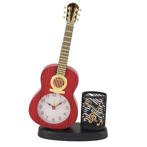 Generic Desk Clock, Multifunctional Decorative Desk and Shelf Clock Guitar Alarm Clock Table Clock Shelf Clock Vintage Rugged Guitar Clock with Pen Holder Pencil Sharpener for Home Desk