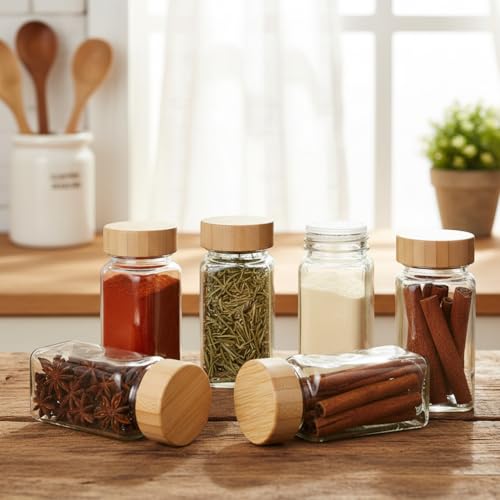 Image of ginoya brothers 120ml Premium Square Glass Spice Jar with Natural Wooden Lid Airtight Dual-Function Sift & Pour Lid For Masala, Herb & Seasoning Storage Container (12)
