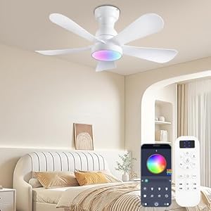 36inch Ceiling Fans with Lights and Remote/App Control, Flush Mount Ceiling Fan With Reversible Dc Motor RGB Dimmable Light, Noiseless White Modern Small Ceiling Fan For Bedroom Indoor/Outdoor
