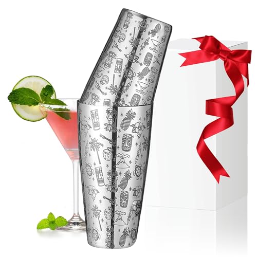 2 Piece Etching Boston Shaker Set Stainless Steel Cocktail Shaker 18oz & 28oz Martini Shaker Tin for Bartending and Home Bar Professional Bartender Kits (Silver)