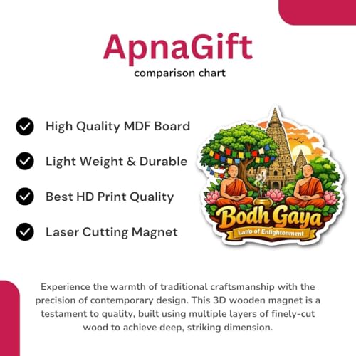 Image of Spiritual Bodh Gaya Fridge Magnet | Bodh Gaya Souvenir Refrigerator Magnet | Wooden Decorative Fridge Magnet for Home, Kitchen & Office | Travel Gift, Buddhist Gift | 3x3 Inch | Pack of 1