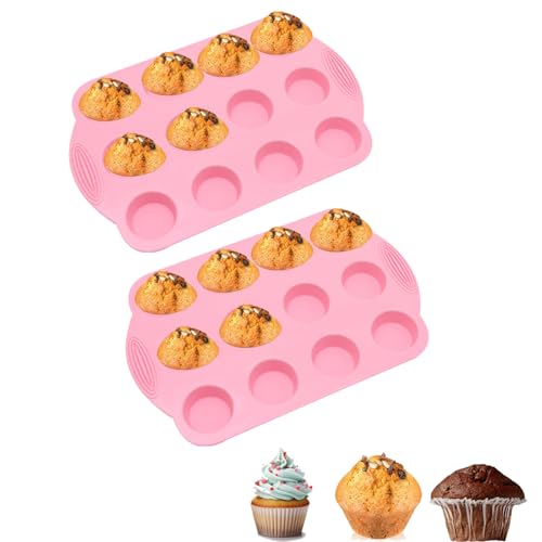 DIYOHFE 2 Pack Silicone Muffin Pan - 12 Regular Size Cups Muffin Pan, Non-Stick Cupcake Pan Great for Homemade Muffins,Cupcakes, Muffin Cakes, Oven and Dishwasher Safe BPA Free?Pink?