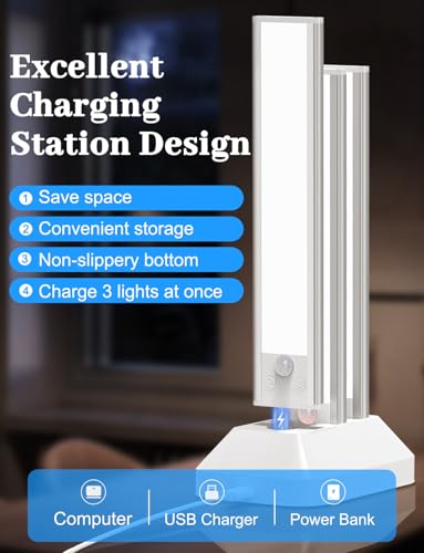 Image of 12in Under Cabinet Lighting with Charging Station, 2500mAh Rechargeable Wireless Motion Sensor Lights Indoor,Closet Lights with 3 Color Tempers, Battery Operated Cabinet Lights for Kitchen, 3-Pack