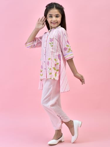 Image of Juniper Girls' Mint Floral Co-ord Set - High-Low Printed Shirt & Solid Cotton Pants