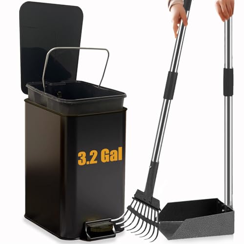 Image of Metal Dog Pooper Scooper for Yard - 3.2Gal Dog Poop Trash Can Outside with Pedal - Pet Waste Container Outdoor - Stainless Steel Garbage Bucket with Lid - Black Trash Bin, Long Handle Tray and Rake