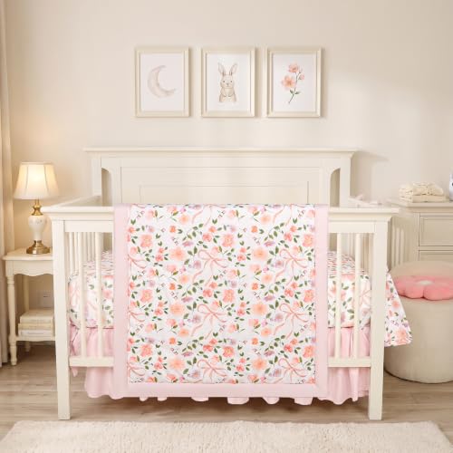 Image of TANOFAR 4 Piece Floral Crib Bedding Set for Girls Soft & Comfort