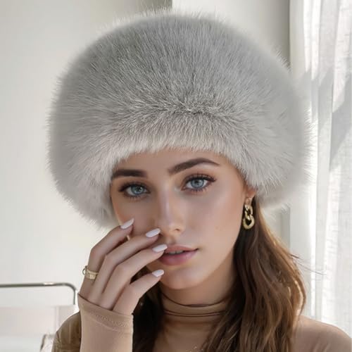 Faux Fur Hat for Women Winter, Fluffy Warm Russian Faux Fur Hat Russian Style Cap Ladies Winter Gray2