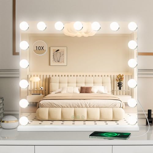 Hollywood - Espejo de tocador con luces, espejo de maquillaje grande iluminado con 17 bombillas LED regulables, control de pantalla táctil, espejo cosmético de mesa o montado en la pared (60 x 50 cm)