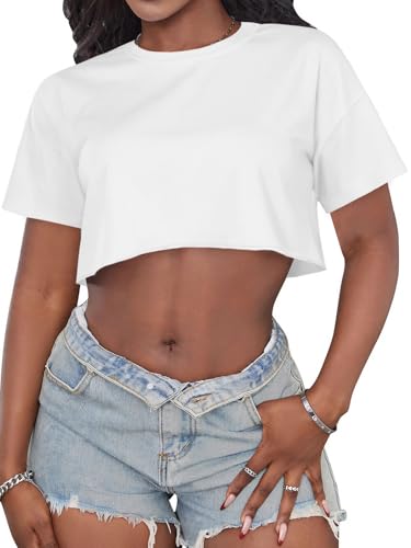 Crop Tops for Women Casual Short Sleeve T Shirts Summer Basic Top Crew Neck Oversized Cropped Tees