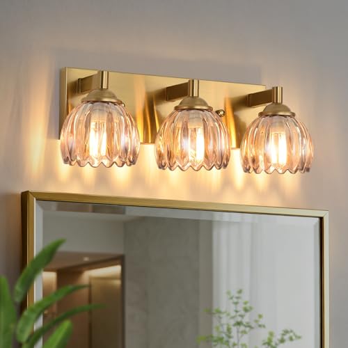 Image of Bathroom Vanity Light Fixtures, 3-Light Brushed Gold Bathroom Light Fixtures Over Mirror, Antique Wall Lights with Amber Glass Tulip Light Shade for Mirror, Kitchen, Hallway, Cabinet, Porch