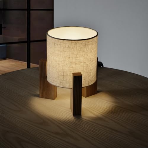 ouglres Lámpara de mesa de madera, luz nocturna regulable con casquillo E27, lámpara de mesita de noche con pantalla de tela, color blanco, dimensiones 18 x 18 x 26 cm