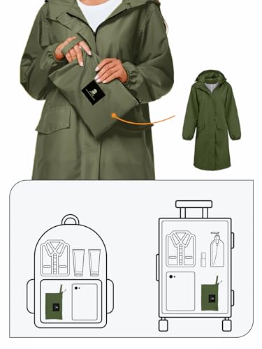 SaphiRose Lange Damen-Regenjacke, wasserdicht, leicht, mit Kapuze, verstaubar, knielang, Regenmantel, Grün , M