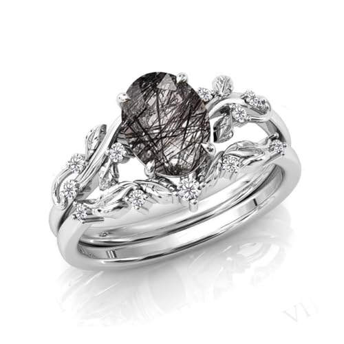 Natural Oval Black Rutilated Quartz Engagement Ring Set 925 Sterling Silver Rings for Her with Free Engraving Jewelry Gift for Women Black Rutilated Quartz Vintage Ring Set Size 4-12 -12