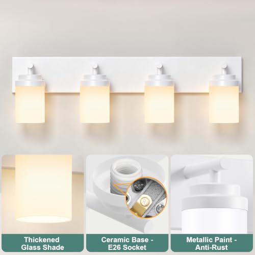 Image of IZORRO Bathroom Light Fixture White, White Glass Shade 30-Inch 4-Light | Bathroom Light Fixtures Over Mirror, Modern Farmhouse Vanity Lights, Rustic Restroom Lighting Fixtures