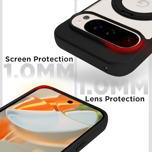 Image of RIGGEAR Shockproof Sleek Hybrid Armor 360 Rotating Magnetic Ring Stand Back Cover Case Compatible with MagSafe Accessories for Google Pixel 9 / Pixel 9 Pro (Clear PC + Black TPU Bumper)
