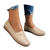Beige Orthopedic Shoes for Women,Leather Flowers Arch Support Flats Slip On Loafers No Heel Round Toe Wide Width Lightweight Sneakers Walking Casual Dressy Vintage Outdoor Comfortable Shoe Size 9.5