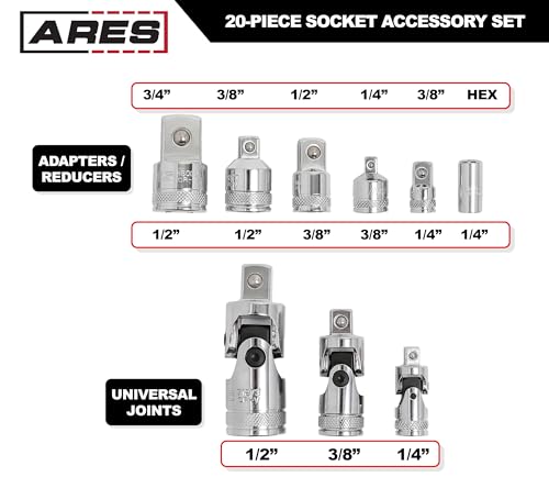 Image of ARES 40003-20-Piece Socket Accessory Set - Premium Chrome Vanadium Steel with Mirror Finish - Includes Socket Adapters, Extensions and Universal Joints