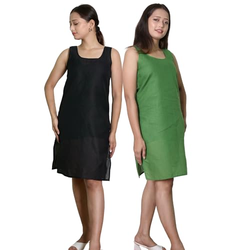 Image of KASANI Women's Camisole Cotton Long Knee-Length Sameej /Slip /Inner, Sleeveless, Pack of 2