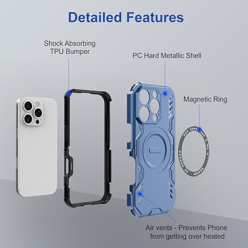 Image of amazon basics Back Case Cover for iPhone 16 Pro | Magnetic Case with Built-in Metal Ring | Supports Mag-Safe Charger, Wallet & Car Mount | Shockproof Hybrid PC + TPU | Blue