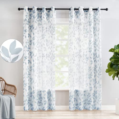 Treatmentex Cortinas Transparentes Blancas y Azules Claro con Patrón de los Hojas para Dormitorio, Cortinas Salon Modernas con 8 Ojales, 136x175cm, 2 Piezas