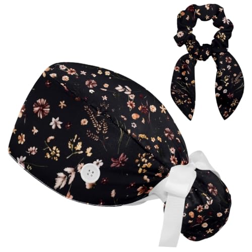 Image of Butterfly Scrub Cap Women with Ponytail & Buttons Adjustable Surgical Nurse Hat with Cotton Sweatband for Long Hair