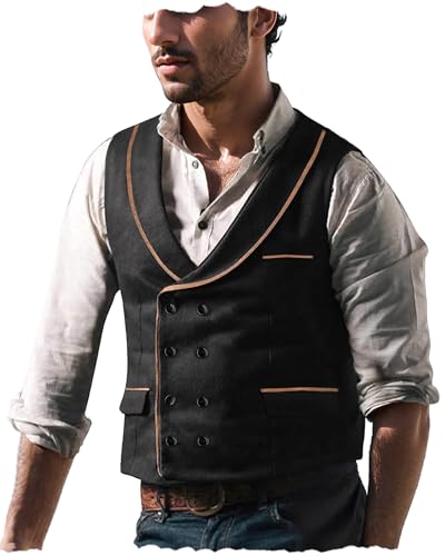 Men's Suede Double Breasted Vest Big and Tall Waistcoat with Shawl Lapel