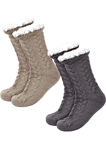 Boao 2 Pairs Women's Warm Slipper Socks Christmas Fuzzy Socks Fleece-lined Non Slip Slipper Socks (Coffee, Grey)