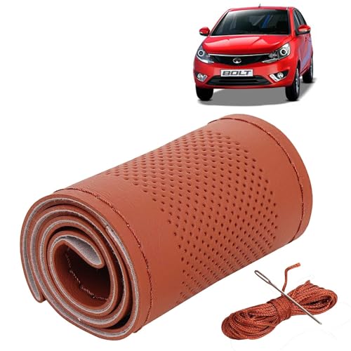 Image of KINGSWAY PU Leatherite Car Steering Cover Sewable Compatible with Tata Bolt (Year 2014 Onwards), Tan Color with Tan Thread, Pack of 1 with Sewing Needle and Thread