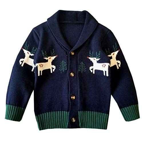 Toddler Unisex Baby Coat Button-up Coat Deer Christmas Cardigan Color Block Knitted Sweater Navy