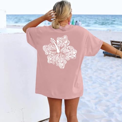Image of Hawaiian T Shirts for Women Oversized Aesthetic Hibiscus Flower Beach Shirt Teens Preppy Tropical Graphic Tee Tops