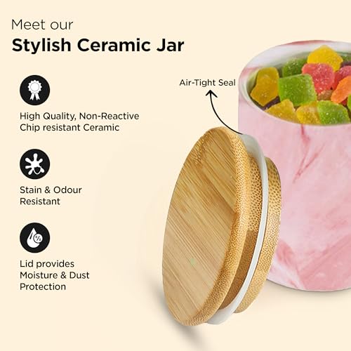 Image of UMAI Ceramic Jar with Bamboo Lid - 400ml| Air-tight Containers for Kitchen Storage | Multipurpose kitchen storage container for Snacks, Tea, Sugar | Pink
