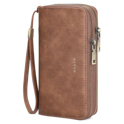 GOIACII Wallets for Women RFID Blocking Double Zip Around Leather Wallet Wristlet Large Capacity Credit Card Holder Brown