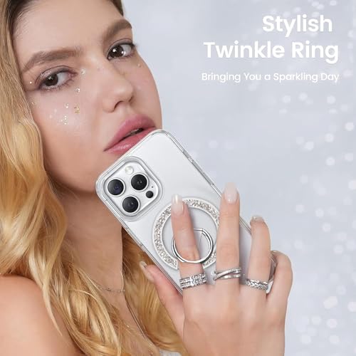 Phone Ring Grip, Magnetic Phone Ring Stand,Ultra Thin Phone Kickstand with Finger Loop, Phone Ring Holder for Mag Safe iPhone 16/15/14/13/12 Series (Glitter Silver Diamond)