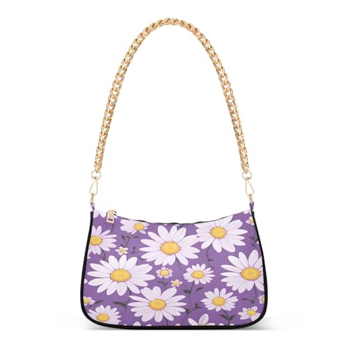 Purple Daisy Shoulder Bag for Women, Handbag with Chain Strap, Soft Purse Tote Bag for Ladies