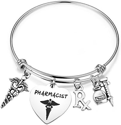 bobauna Stainless Steel Pharmacist Expandable Wire Bangle Bracelet with Medical Caduceus RX Symbol Pharmacy Charms Pharmacist Graduation Gift (pharmacist bracelet)