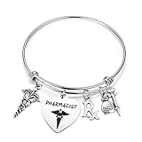 bobauna Stainless Steel Pharmacist Expandable Wire Bangle Bracelet with Medical Caduceus RX Symbol P