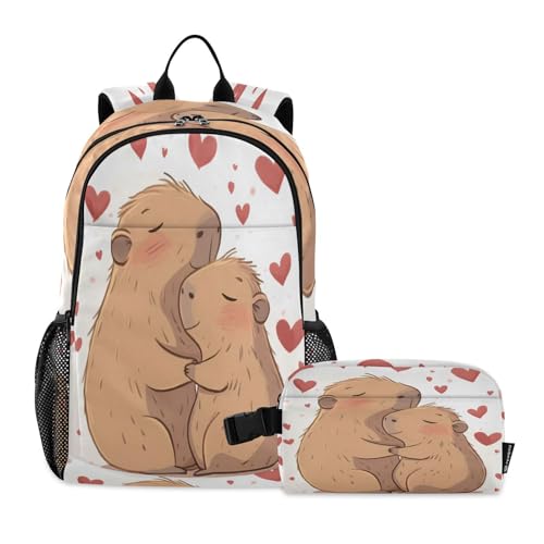 ALAZA Cute Capybara Love Heart Kids Backpack Elementary Girls Boys Bookbag Rucksack Primary School Bag Backpack Set with Lunch Bag