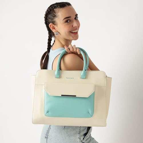 Image of Fastrack Chic Carry-All Laptop Tote | Faux-Leather Women's Handbags |15 inch Laptop Tote for Workwear and College, White