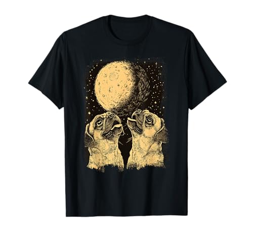 Magníficos perros pug aullando a las estrellas - Moonlit Duo Pug Camiseta