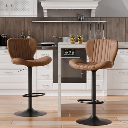 Image of Shintenchi Bar Stools Set of 2 Modern Swivel Bar Chairs, Counter Height Faux Leather Metal Barstools, Upholstered Island Chairs with Back and Footrest, Coffee